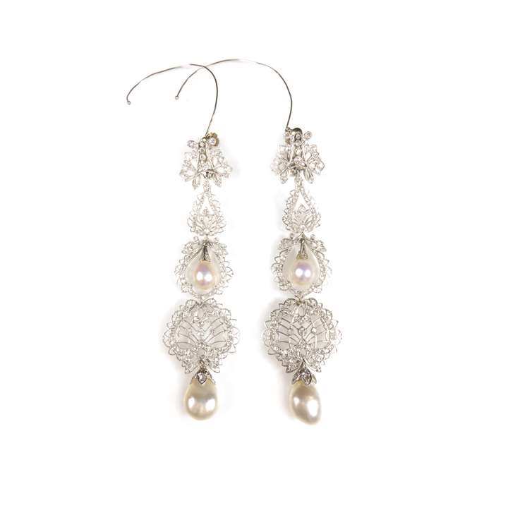 Pair of diamond and pearl long pendant earrings